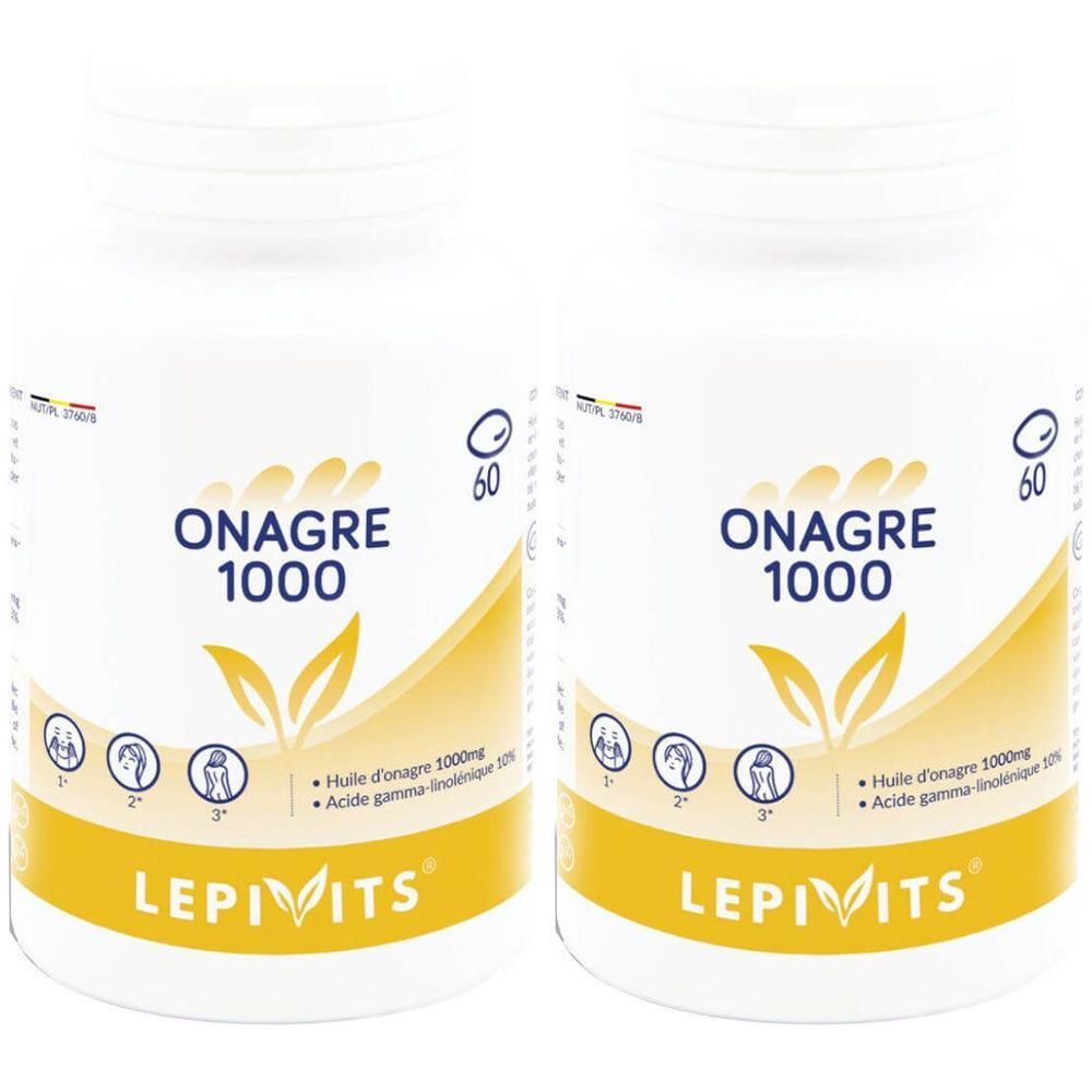 Zwei weiße Flaschen mit gelben Etiketten. Aufschrift: ONAGRE 1000, LEPIVITS. 60 Kapseln.
