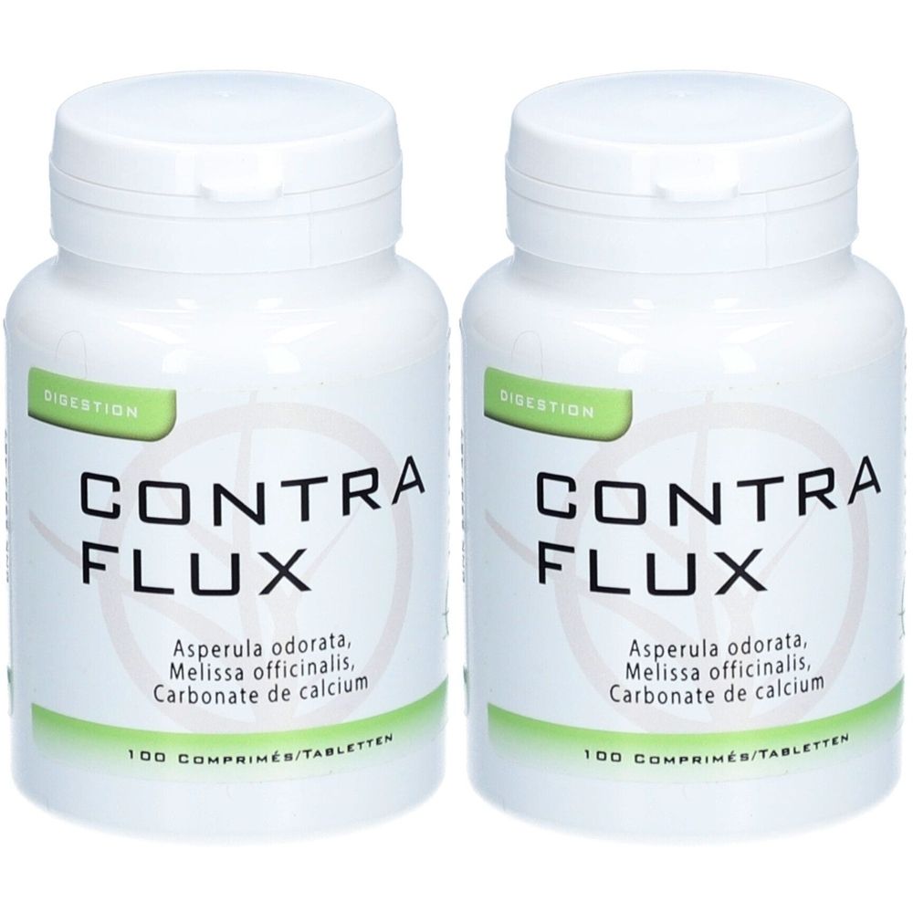 Zwei weiße Tablettenflaschen mit dem Aufdruck CONTRA FLUX. Aufschrift: Asperula odorata, Melissa officinalis, Carbonate de calcium.