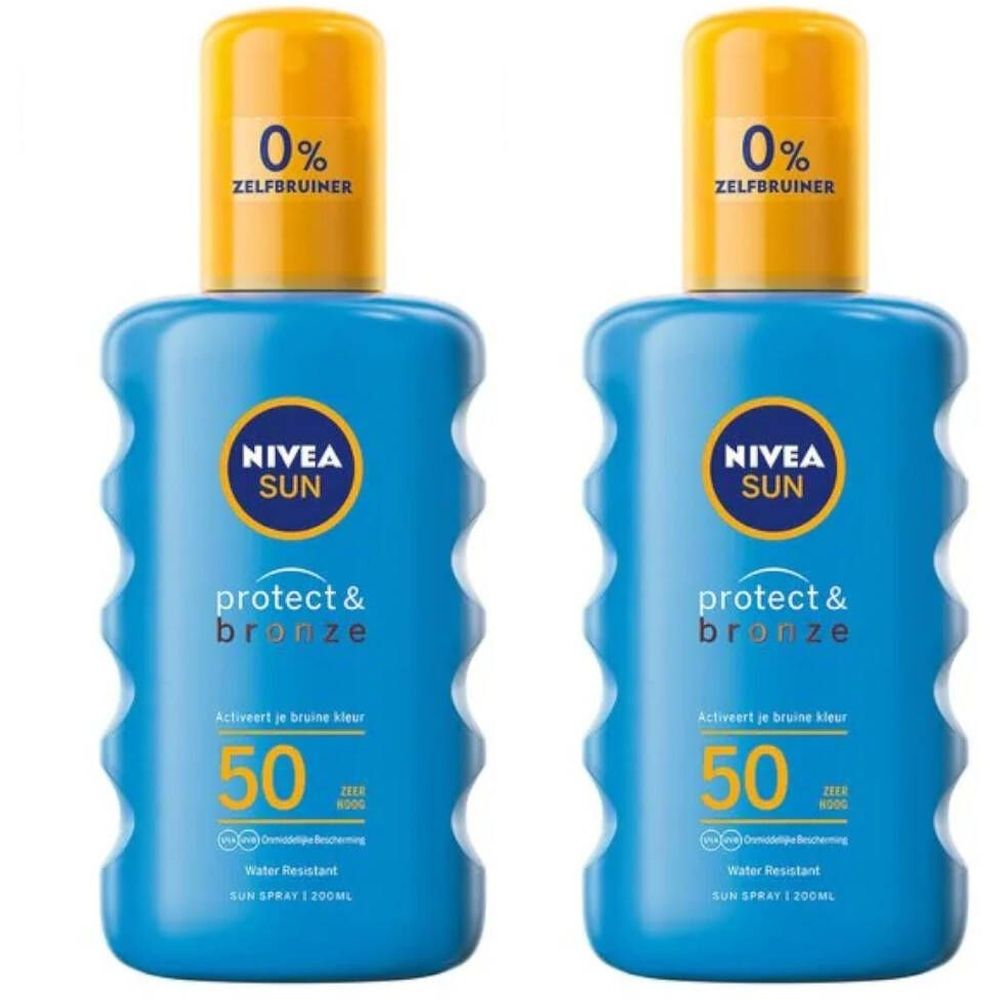 Zwei blaue Sonnensprays mit gelben Deckeln. Aufschrift: NIVEA SUN protect & bronze, SPF 50. Enthält 0% Selbstbräuner.