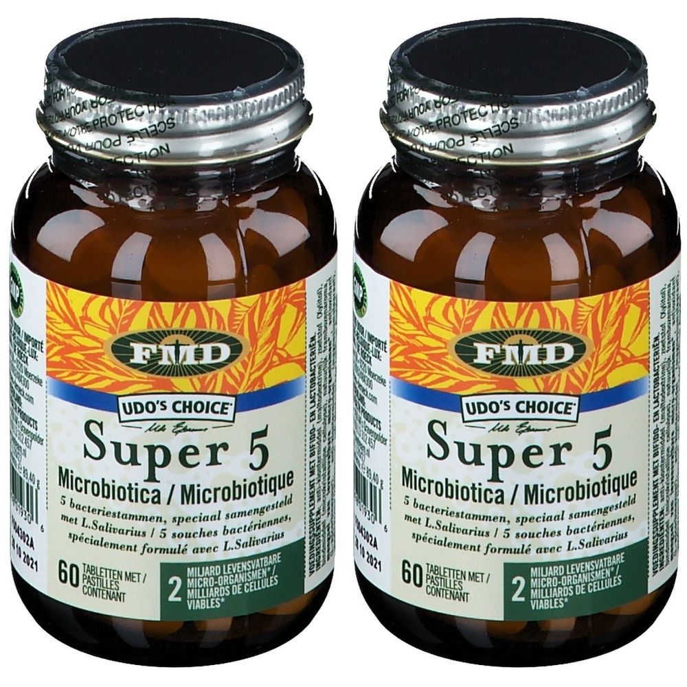 Zwei Flaschen Udo's Choice Super 5 Probiotica. Braune Glasflaschen mit silbernem Deckel. Beschriftung mit Produktinformationen.