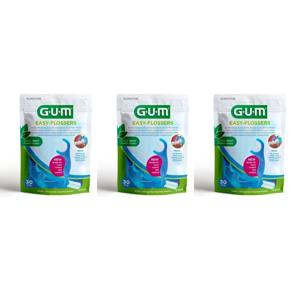 Drei Packungen GUM Easy-Flossers. Jede Packung zeigt das Produkt, die Marke und die Anzahl von 30 Stück. Mint-Geschmack.