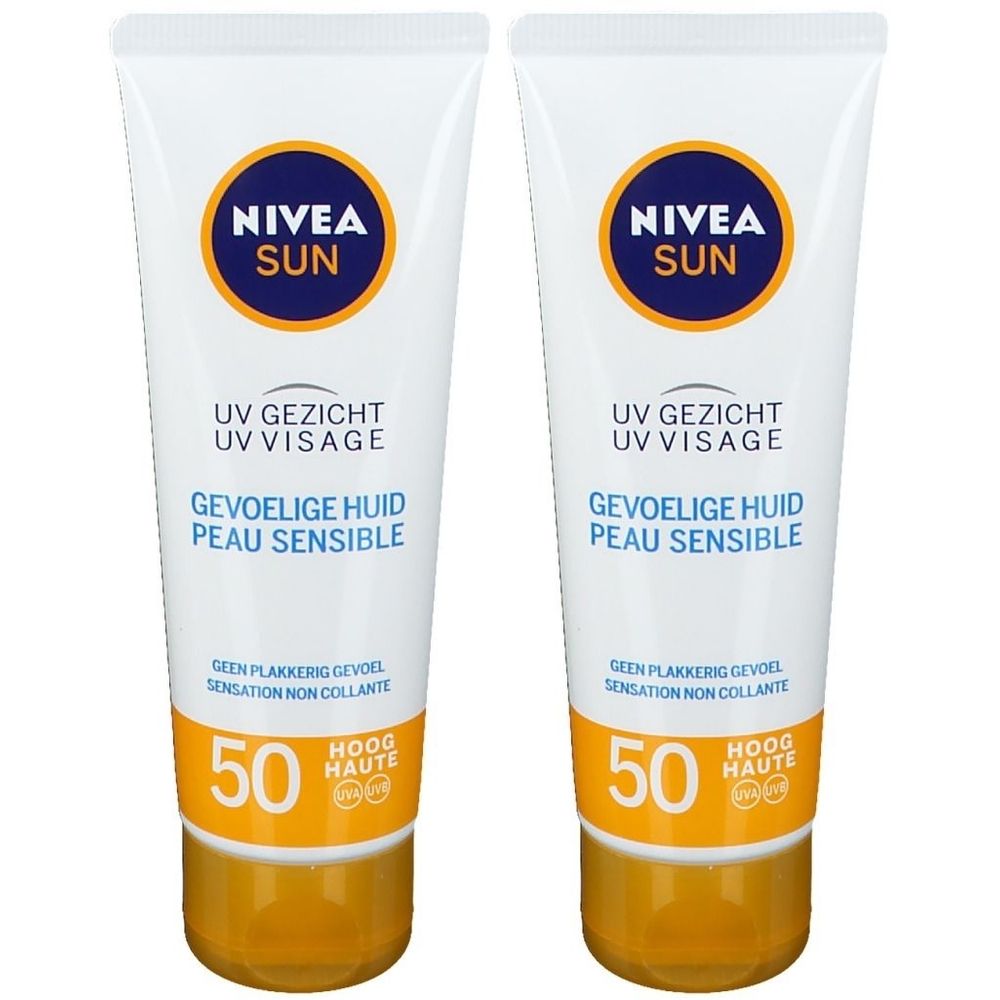 Zwei Tuben NIVEA Sun UV Gesicht, SPF 50. Weiße Tuben mit blauem Logo und gelbem Verschluss. Text: UV Gesicht, gevoelige huid.