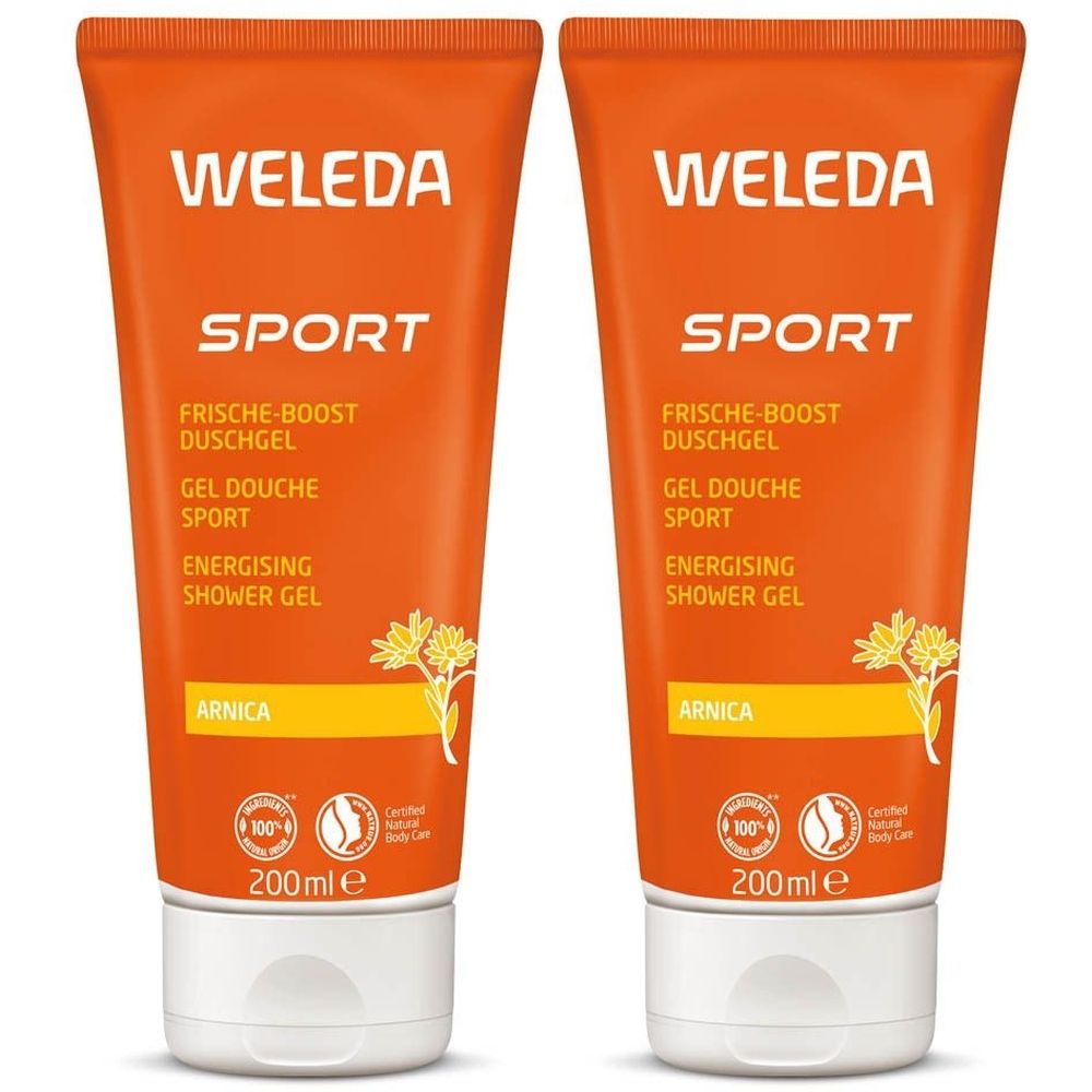 Deux tubes de gel douche Weleda Sport. Emballage orange avec nom et logo du produit. 200ml.