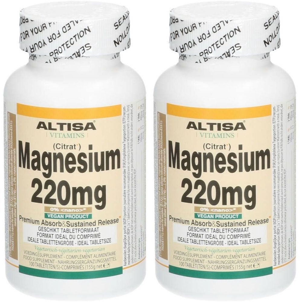 Deux flacons d'Altisa Magnesiumcitrat 220mg. Flacons blancs avec étiquette. Inscription: Magnesium 220mg, vegan.
