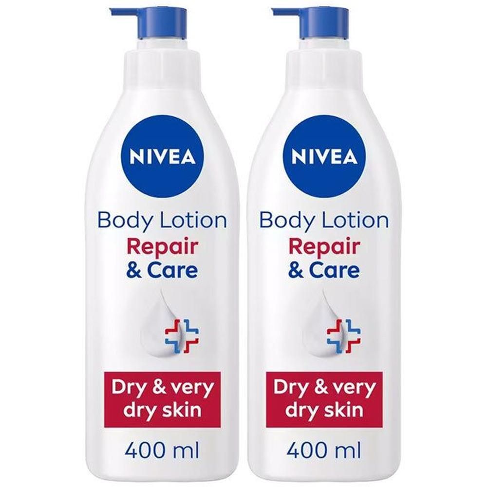 Zwei weiße Flaschen NIVEA Body Lotion Repair & Care. Blaue Deckel, rote und blaue Logos. Text: Dry & very dry skin.