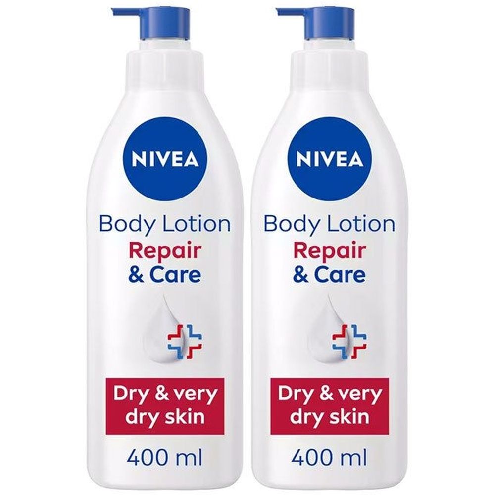 Deux flacons blancs de NIVEA Body Lotion Repair & Care. Bouchons bleus, logos rouges et bleus. Texte : Dry & very dry skin.
