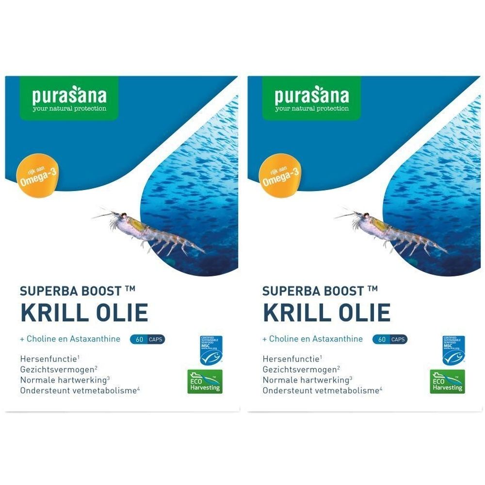 Verpackung mit Purasana Krillöl. Blaue und weiße Gestaltung. Text: Superba Boost Krill Olie, Omega-3, Eco Harvesting.