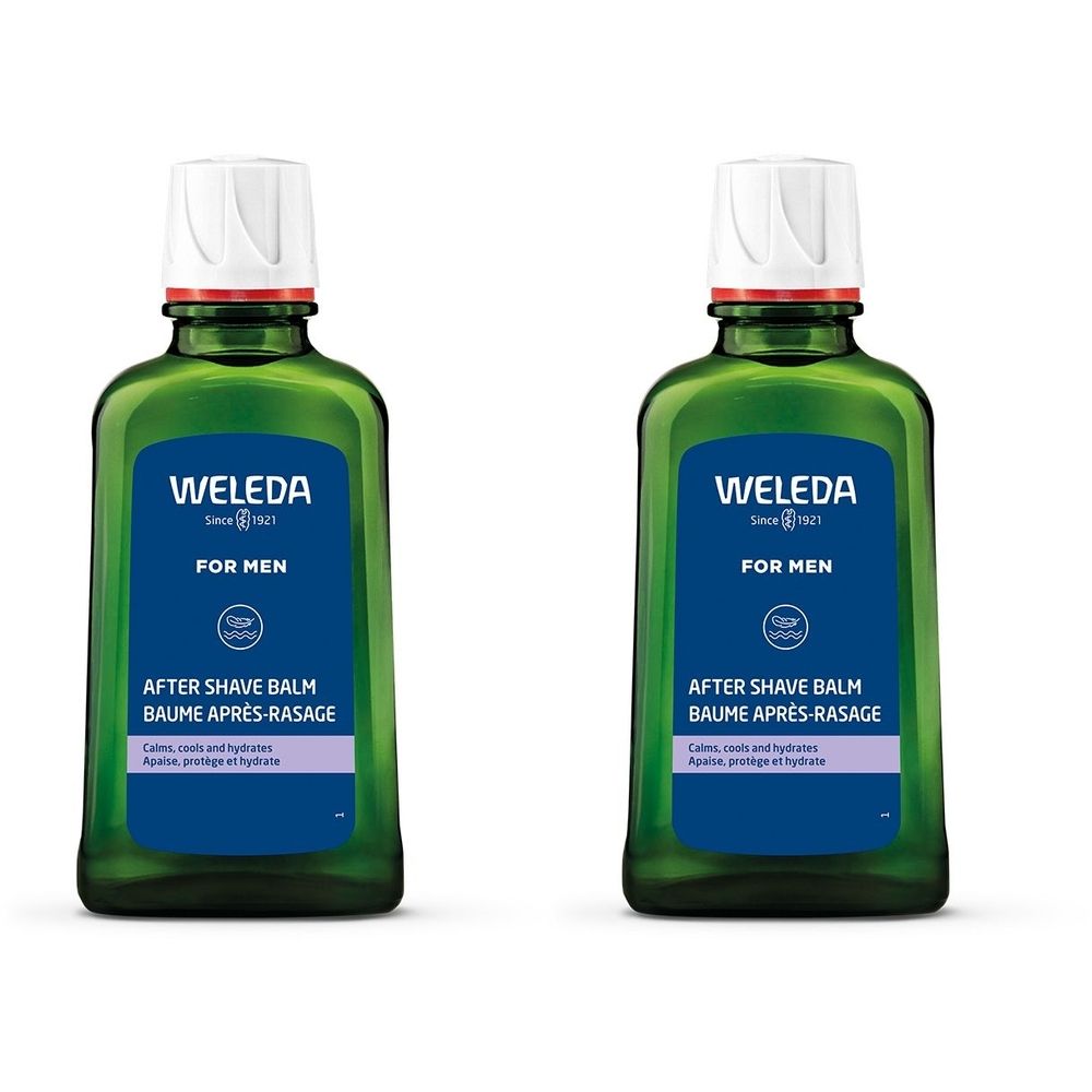 Zwei grüne Flaschen mit weißem Deckel. Aufschrift: WELEDA, FOR MEN, AFTER SHAVE BALM, BAUME APRÈS-RASAGE.