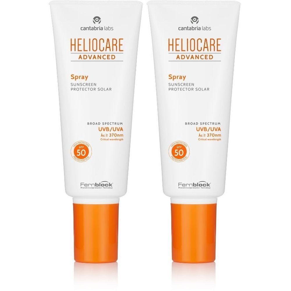 Zwei weiße Tuben mit orangefarbenem Verschluss. Aufschrift: HELIOCARE ADVANCED Spray, Sonnenschutz SPF 50.