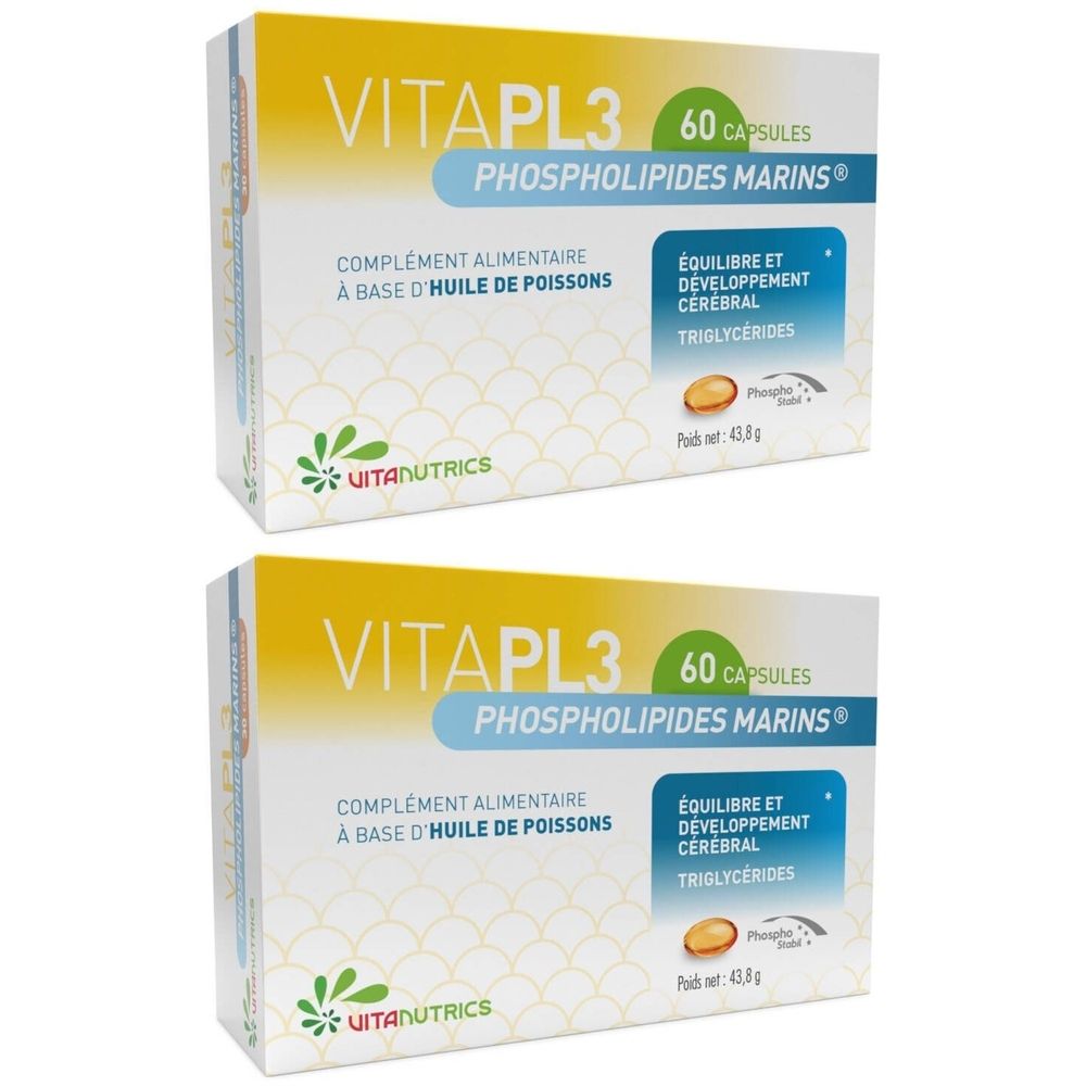 Deux boîtes de VITAPL3, 60 capsules, Phospholipides Marins®. Complément alimentaire à base d'huile de poissons. Marque VITANUTRICS.