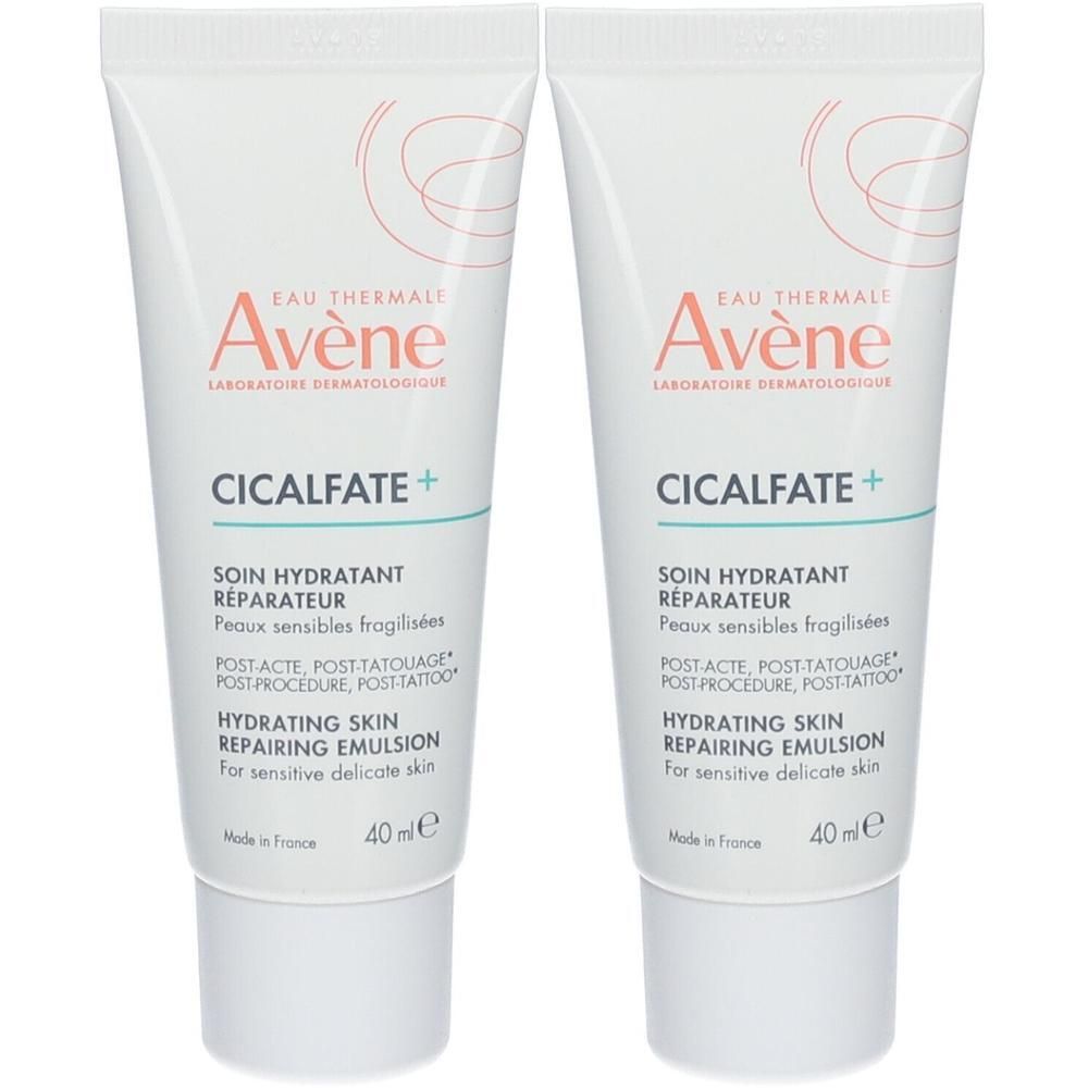 Zwei Tuben Avène Cicalfate+ Feuchtigkeitspflege. Weiß, mit Schriftzug und Logo. 40ml. Französische und englische Texte.