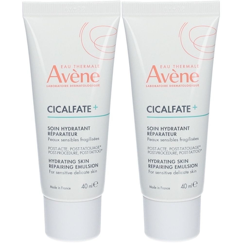 Deux tubes de crème Avène Cicalfate+. Blancs, avec texte et logo. 40ml. Textes français et anglais.