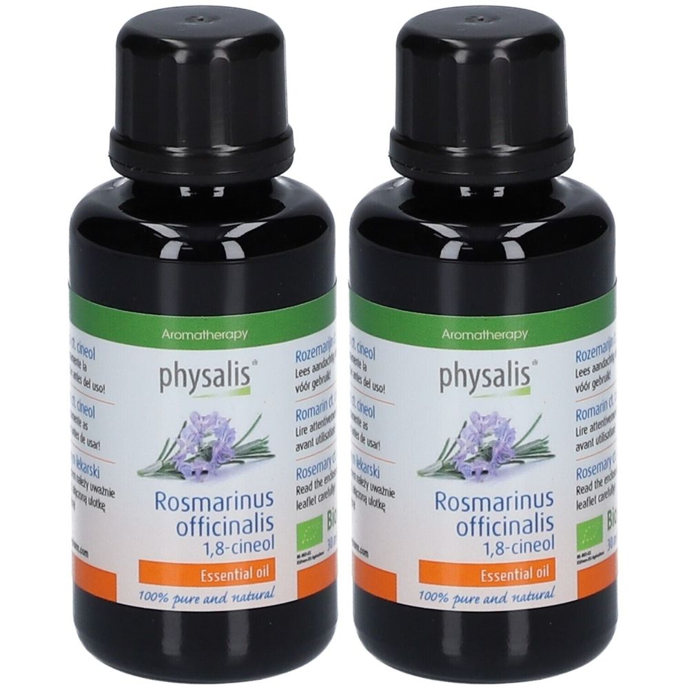 Deux flacons d'huile essentielle. Flacons noirs avec étiquettes vertes. Inscription : physalis, Rosmarinus officinalis, 1,8-cineol, Essential oil.