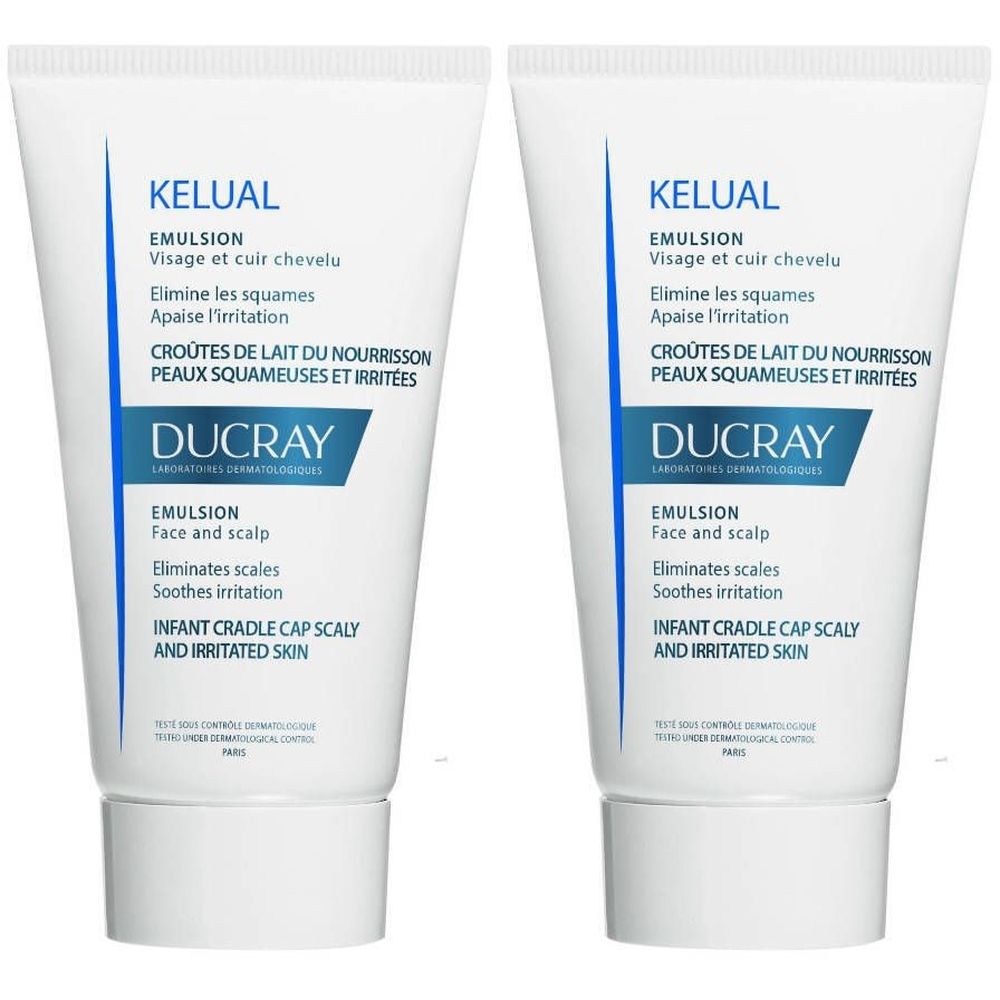 Deux tubes de DUCRAY KELUAL Emulsion. Blanc, avec texte bleu et noir. Inscription : Emulsion, visage et cuir chevelu, apaise l'irritation.