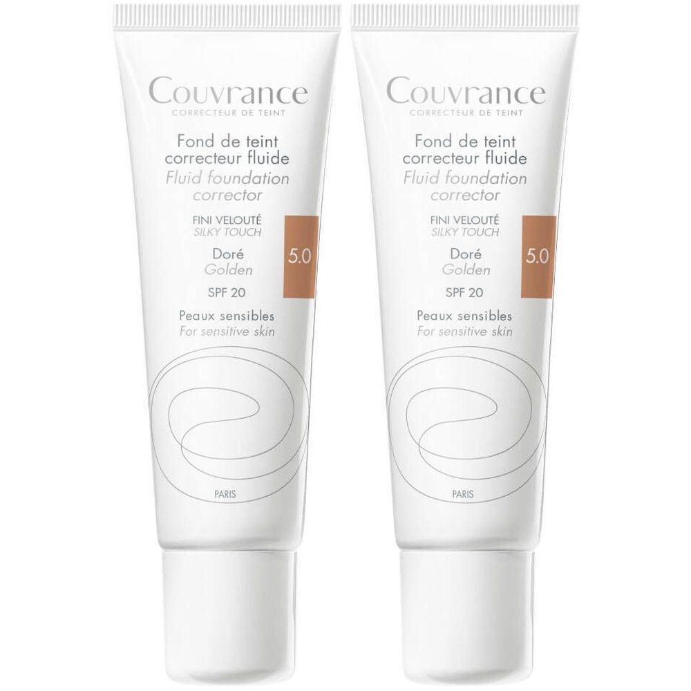 Deux tubes de Couvrance fond de teint correcteur fluide 5.0. Inscription: SPF 20, peaux sensibles. Texture veloutée.