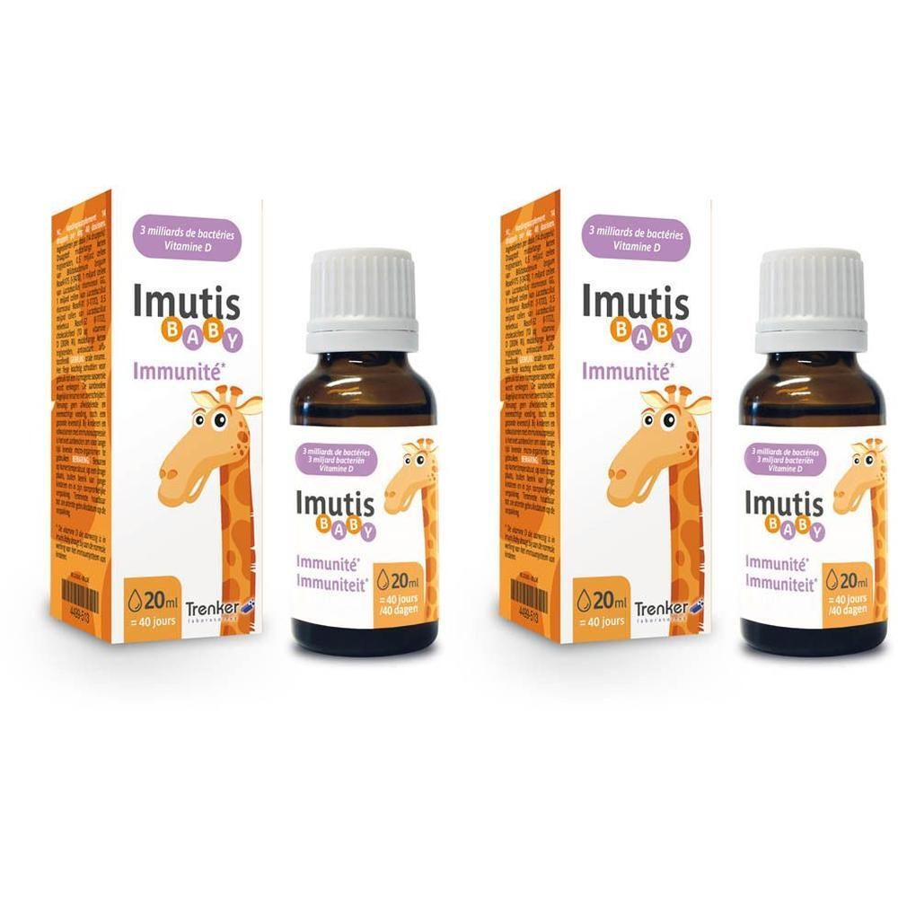 Zwei Flaschen und zwei Kartons Imutis Baby. Flaschen aus braunem Glas mit weißem Deckel. Kartons mit Giraffen-Illustration und Produktnamen.