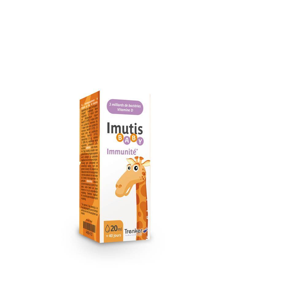 Eine Imutis Baby-Verpackung. Orangefarbene Schachtel mit Giraffen-Illustration und Produktnamen. Enthält eine Flasche.
