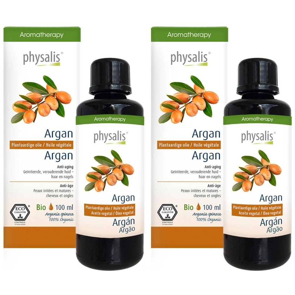 Zwei Flaschen mit schwarzem Verschluss und Etikett. Aufschrift: Argan, Bio, Aromatherapy, Physalis. Grün-weiße Verpackung.