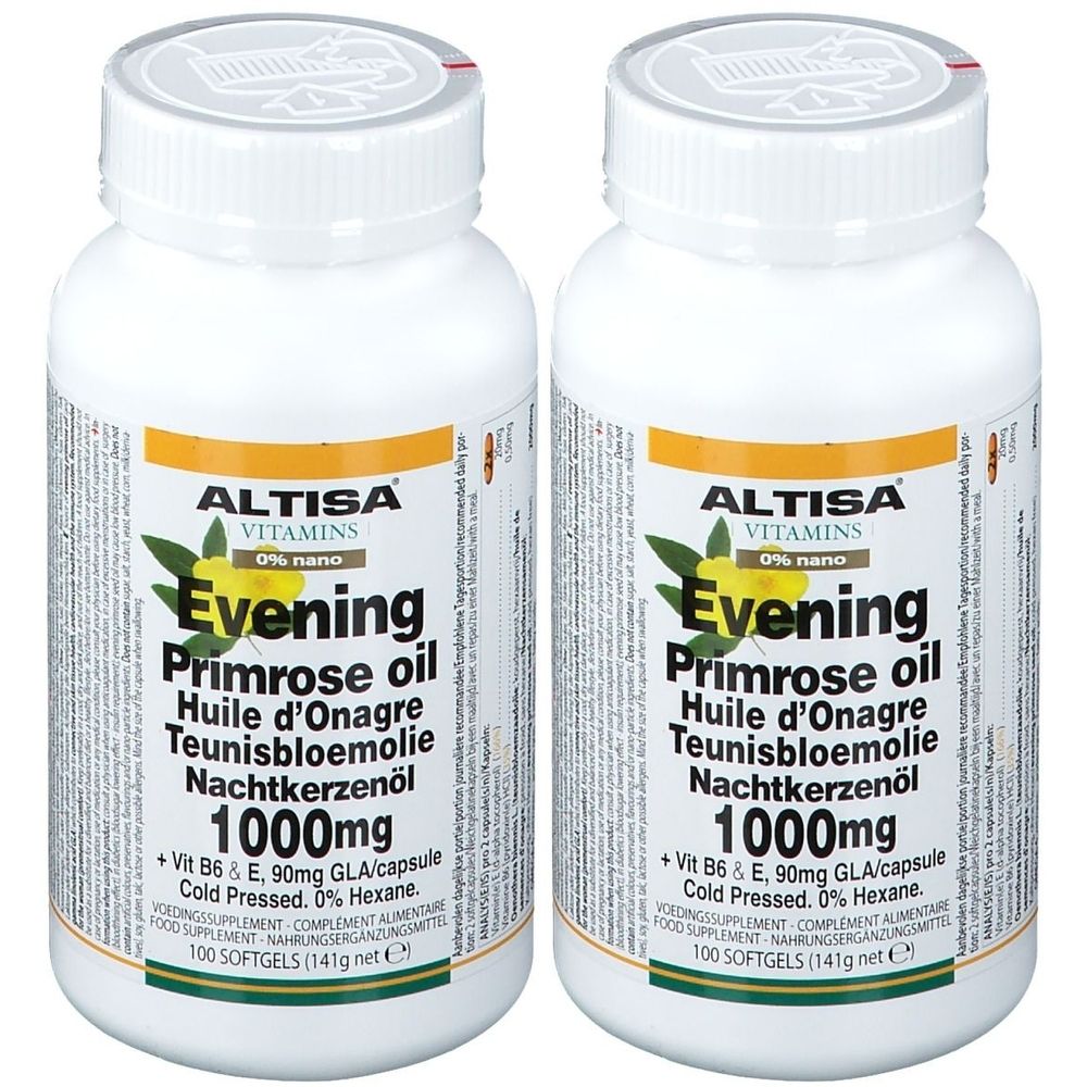 Zwei weiße Flaschen mit ALTISA Vitamins Evening Primrose Oil. Aufschrift: 1000mg, 100 Softgels. Gelb-grünes Etikett.