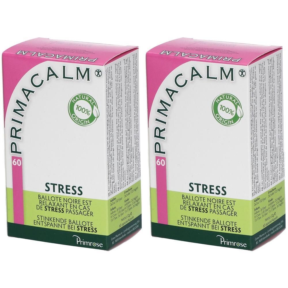Zwei rechteckige Schachteln mit rosa und grüner Beschriftung. Aufschrift: PRIMACALM, 60, STRESS, Natural 100% Origin.