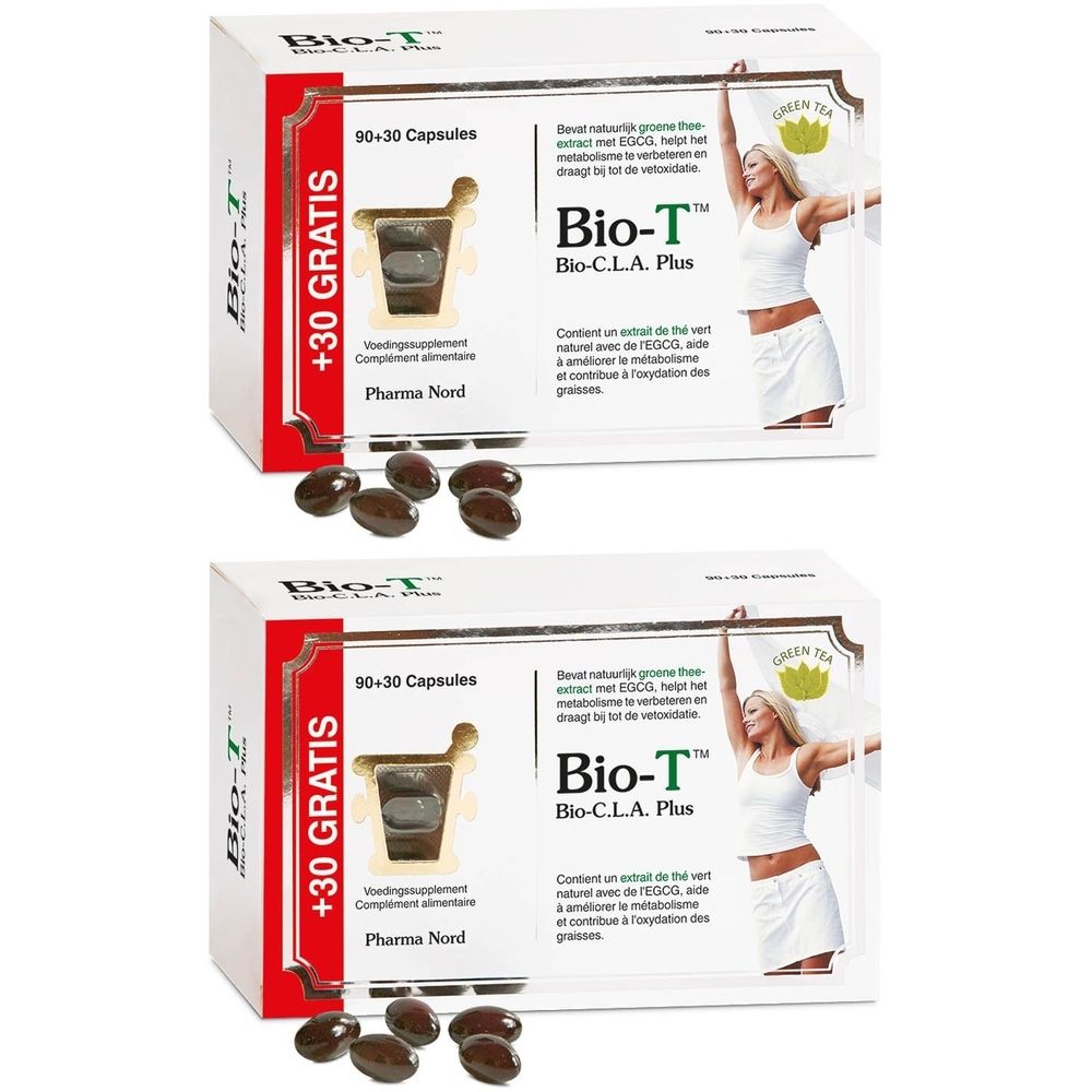 Deux boîtes de Bio-T™ avec des gélules à côté. Inscription "90+30 Gratis". Inscriptions : Bio-C.L.A. Plus, Pharma Nord.