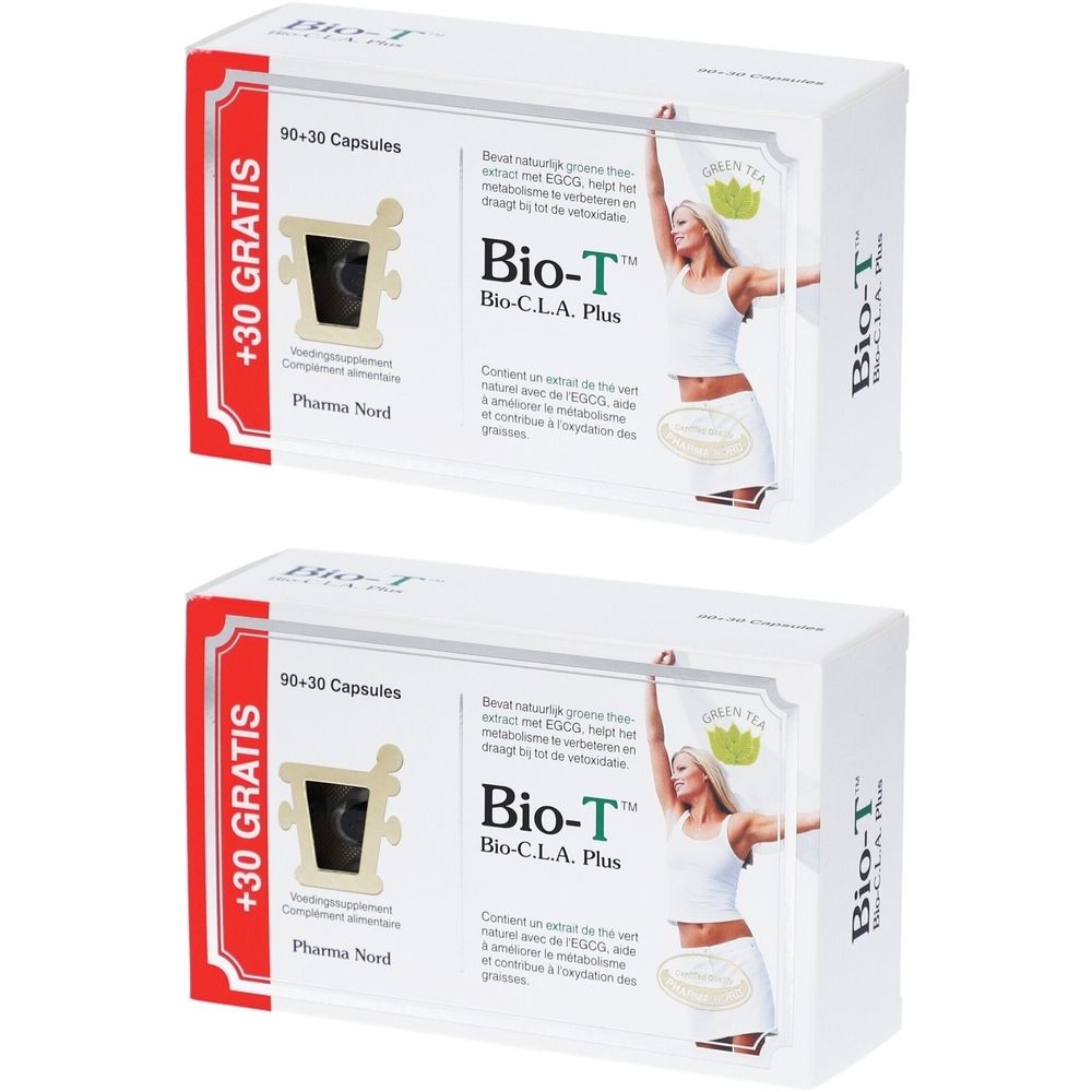 Deux boîtes de Bio-T™ avec l'inscription "90+30 Gratis". Inscriptions : Bio-C.L.A. Plus, Pharma Nord. Image d'une femme.