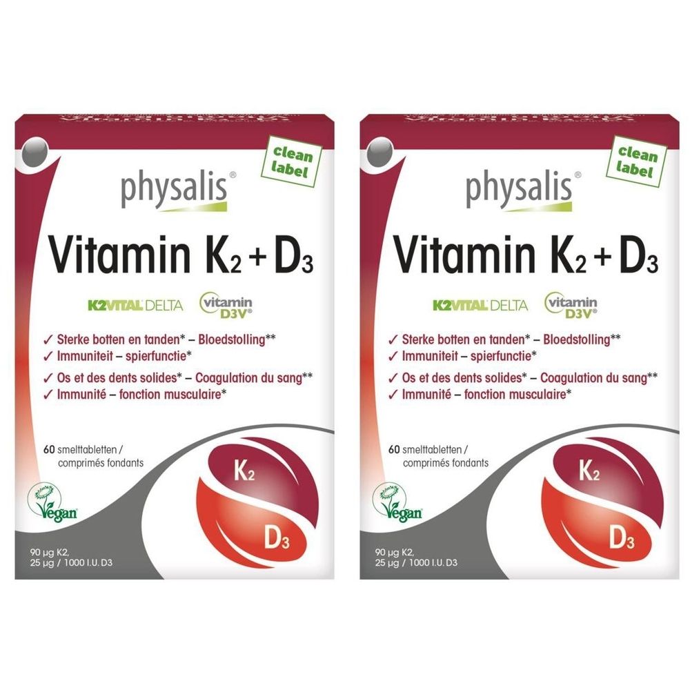 Deux boîtes de PHYSALIS Vitamine K2 + D3. Boîtes rouges et blanches avec informations et logo.