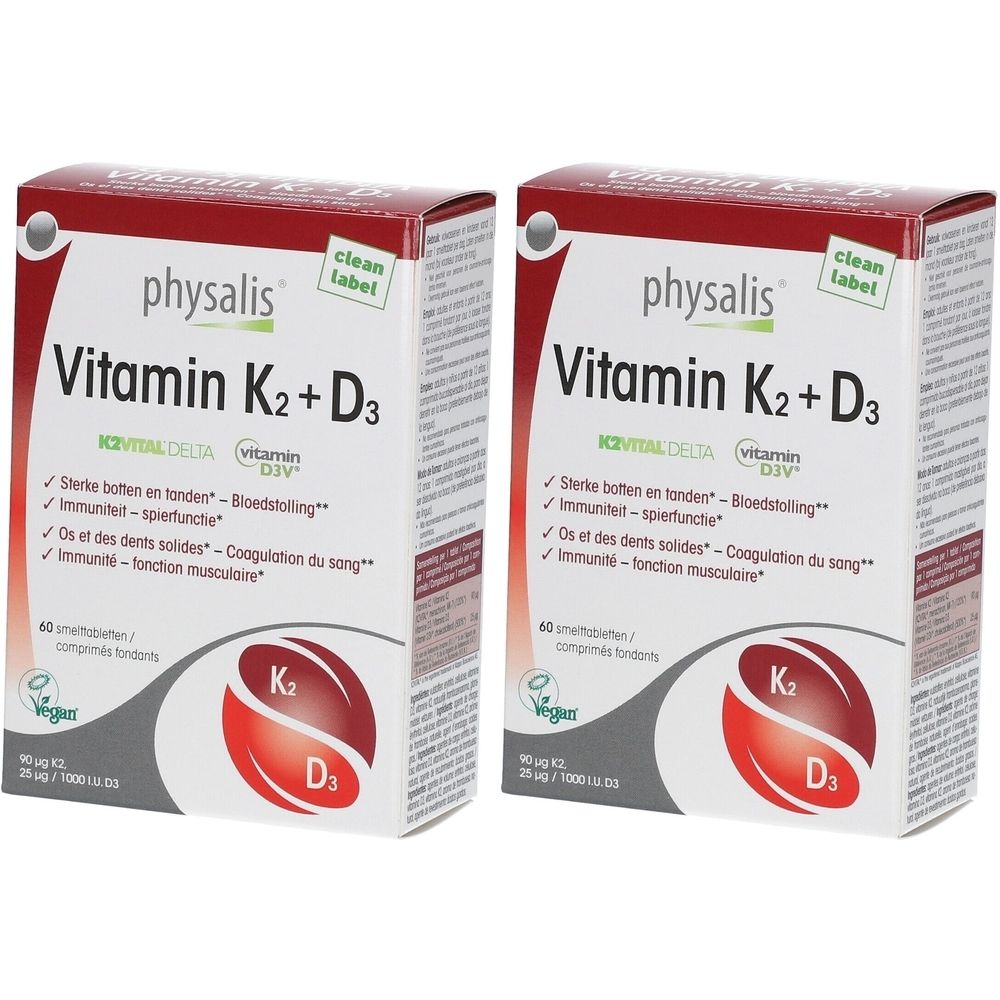 Zwei Packungen PHYSALIS Vitamin K2 + D3. Rote und weiße Schachteln mit Produktinformationen und Logo.