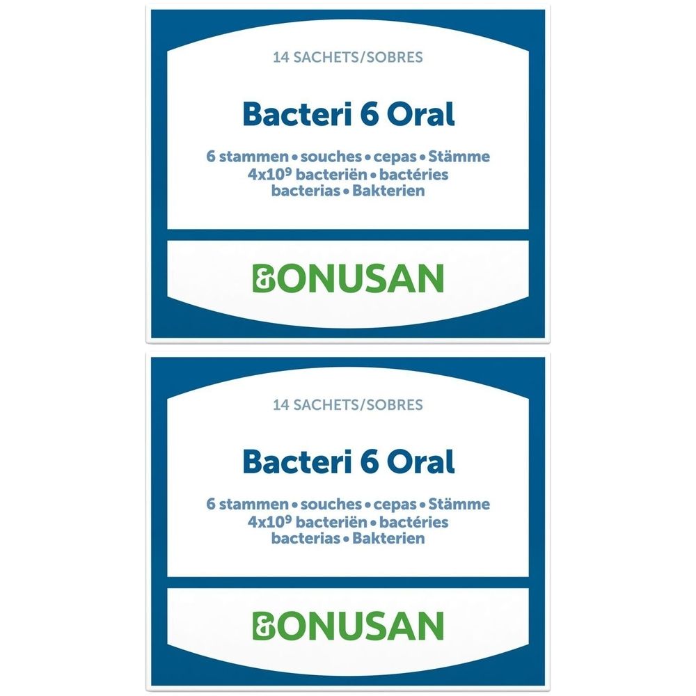 Zwei Packungen BONUSAN Bacteri 6 Oral. Jede Packung mit 14 Sachets. Text: 6 Stämme, 4x10⁹ Bakterien.