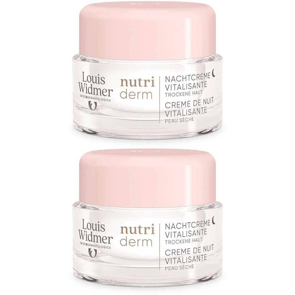 Deux pots de crème de nuit Louis Widmer Nutriderm. Couvercles roses, récipients en verre. Inscription: Nutriderm, Crème de nuit.