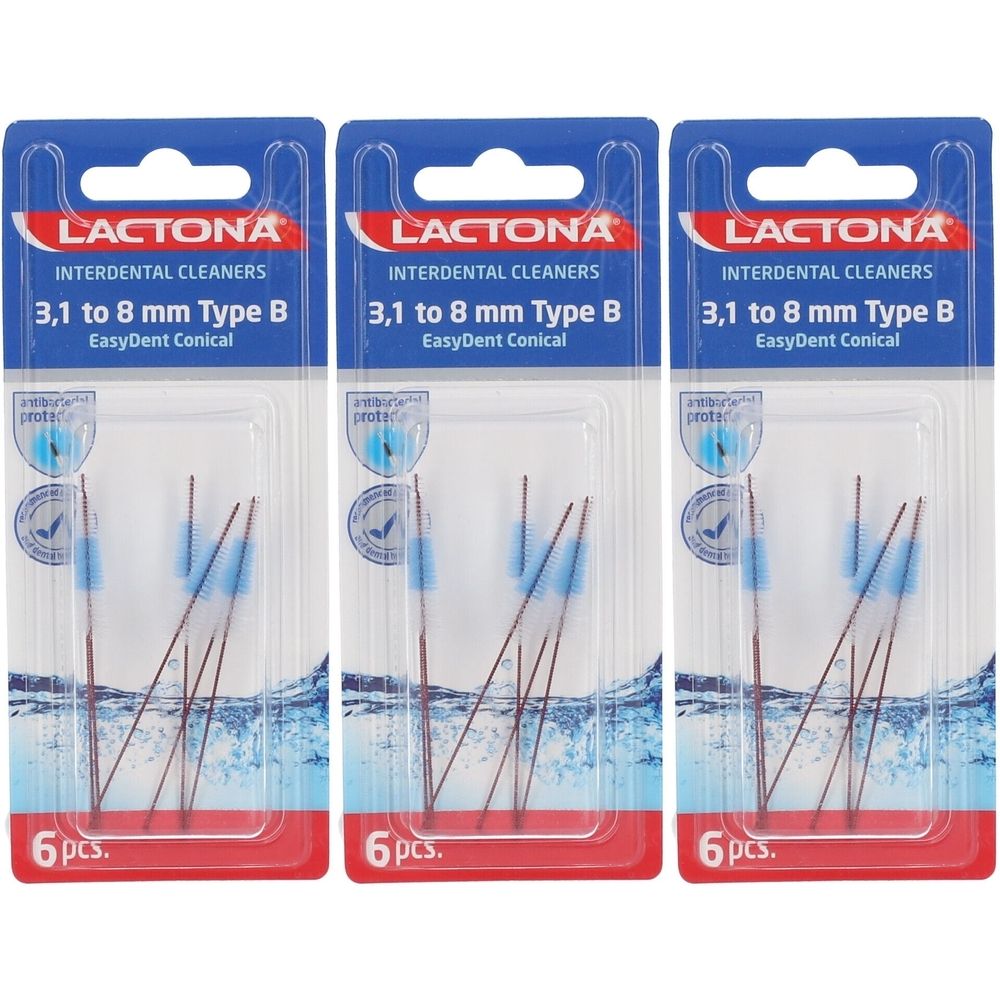 Drei Packungen LACTONA Interdentalreiniger. Jede Packung enthält 6 Stück. Aufschrift: 3,1 bis 8 mm Type B, EasyDent Conical.