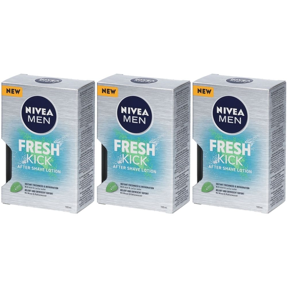 Drei Schachteln NIVEA MEN Fresh Kick After Shave Lotion. Silberne Verpackung mit blauer und grüner Schrift. Aufschrift: NEW.