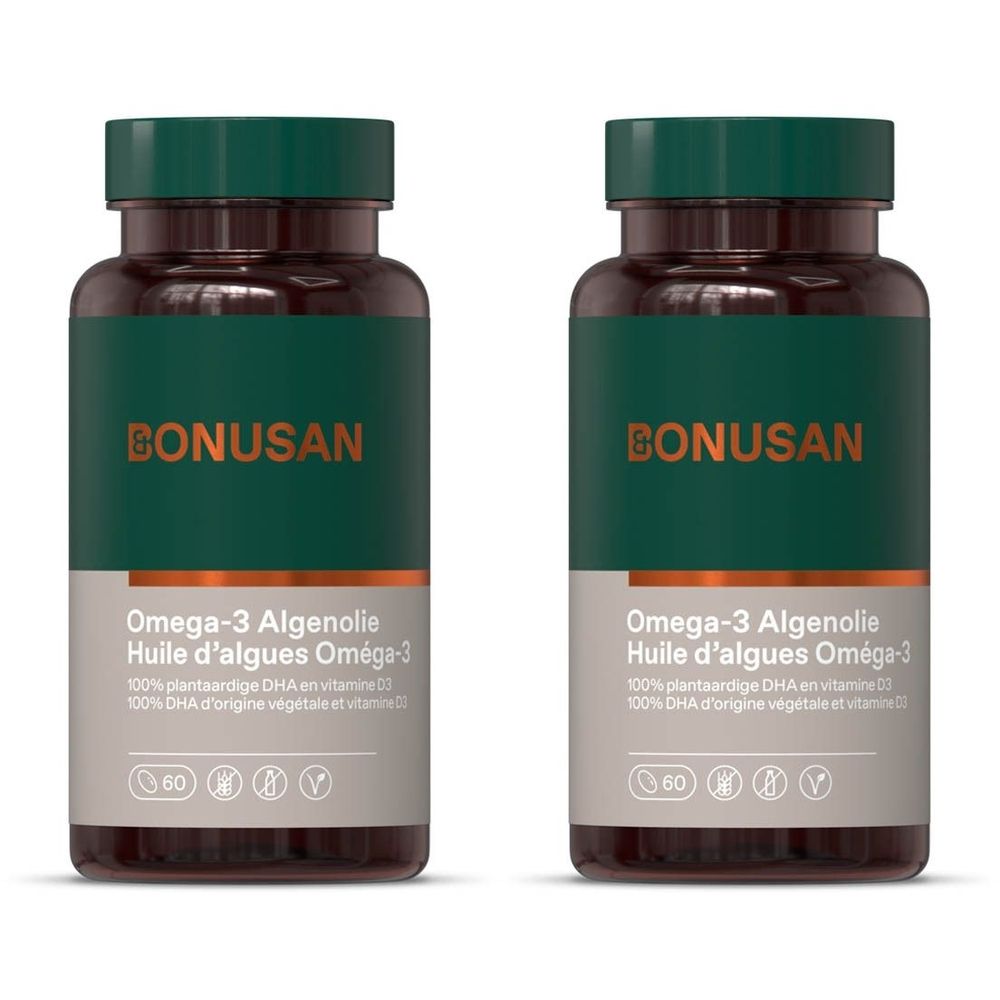 Deux flacons d'huile d'algues Oméga-3 BONUSAN. Bouchons verts, flacons bruns, étiquettes grises avec texte et logos.
