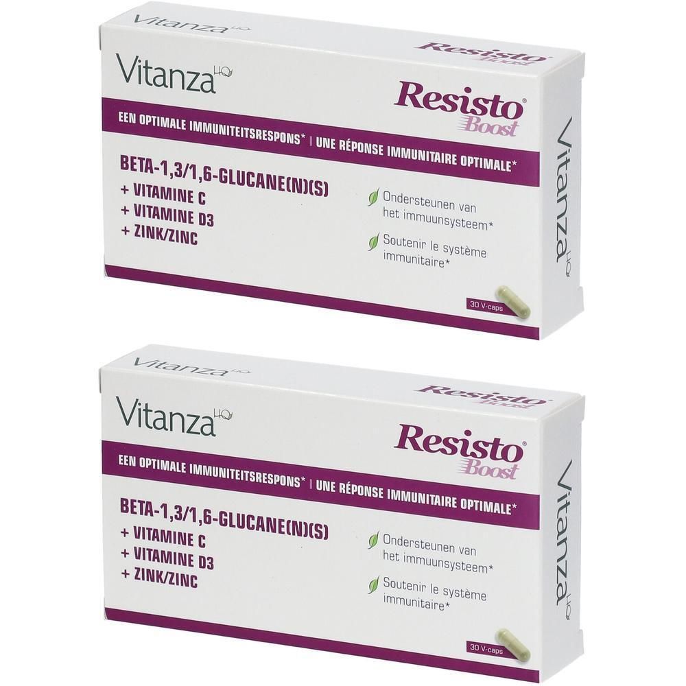 Zwei Schachteln Resisto Boost. Aufschrift: Beta-1,3/1,6-Glucane(N)S, Vitamin C, Vitamin D3, Zink/Zink. Vitanza-Logo.