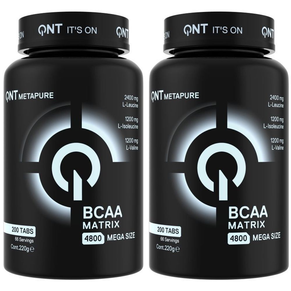Zwei schwarze Flaschen mit QNT BCAA Matrix 4800. Aufschrift: 200 Tabs, 66 Servings, 220g. Enthält L-Leucin, L-Isoleucin, L-Valin.