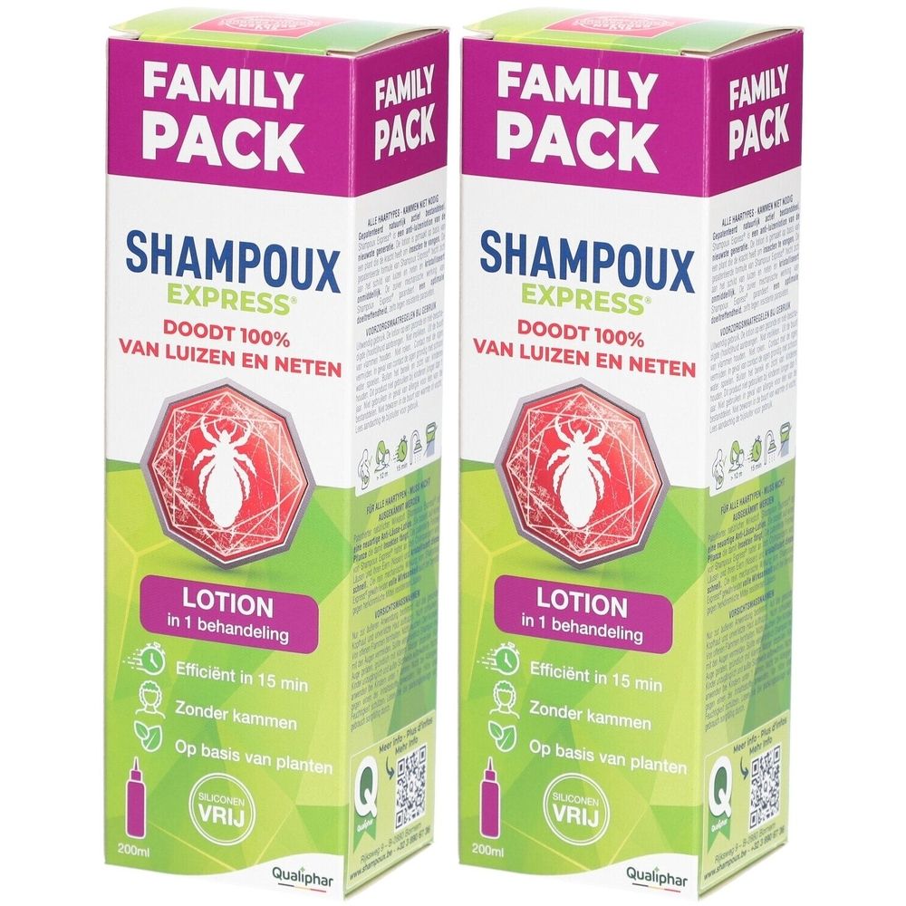Zwei Packungen Shampoux Express Lotion Family Pack. Grün-weiß-violette Verpackung mit Produktinformationen und Logo.