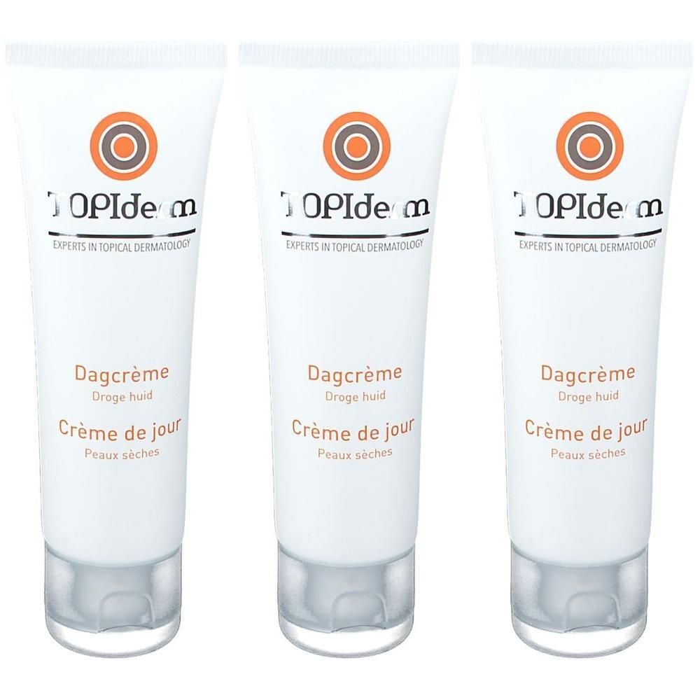 Trois tubes de crème de jour TOPIderm. Blancs, avec logo orange et noir et désignations de produits. Texte: Dagcrème, Crème de jour, Peaux sèches.