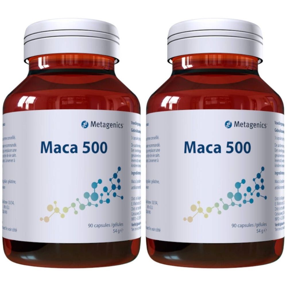 Deux flacons bruns avec étiquette "Maca 500" et logo Metagenics. 90 capsules/gélules, 54g.