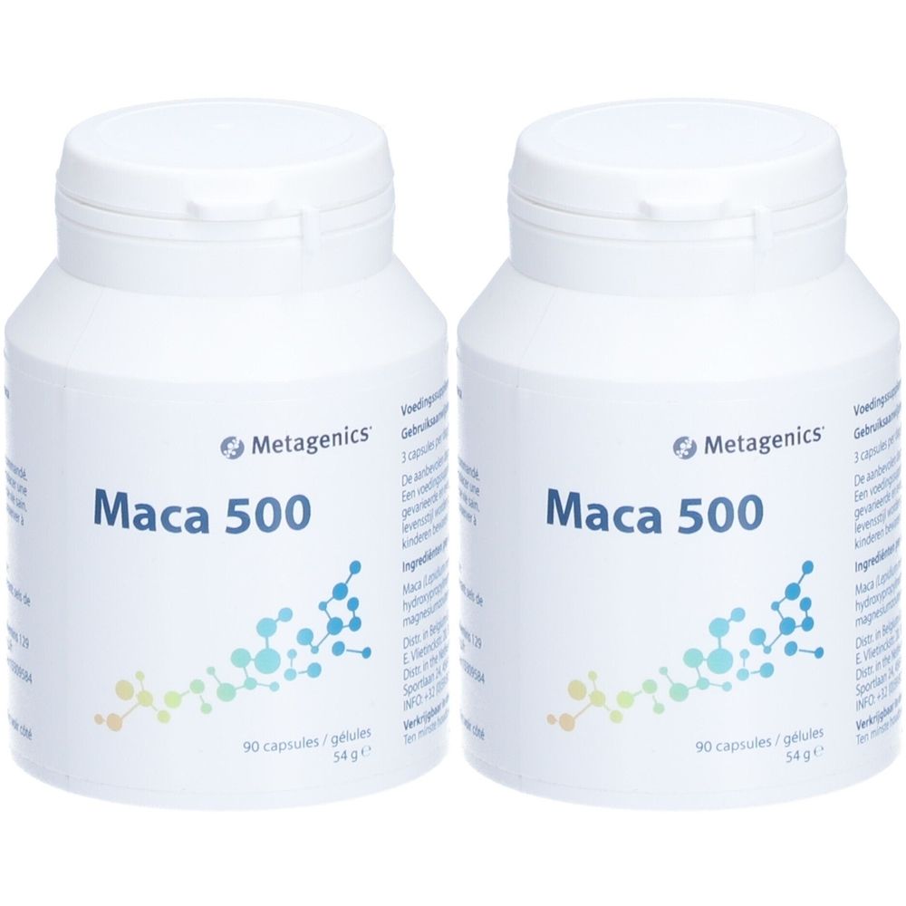 Zwei weiße Flaschen mit Etikett "Maca 500" und Metagenics-Logo. 90 Kapseln/Gelules, 54g.