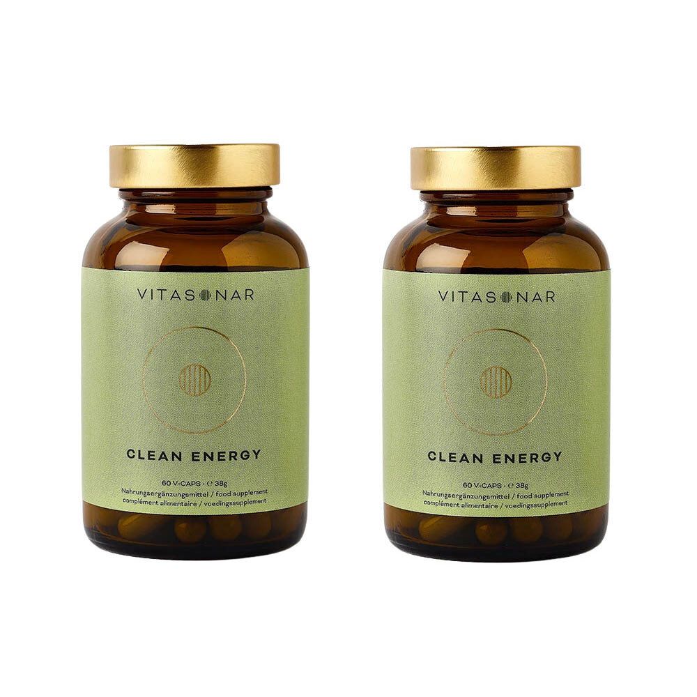 Deux flacons avec couvercles dorés et étiquettes vertes. Inscription : Vitasanar, Clean Energy. 60 V-Caps.