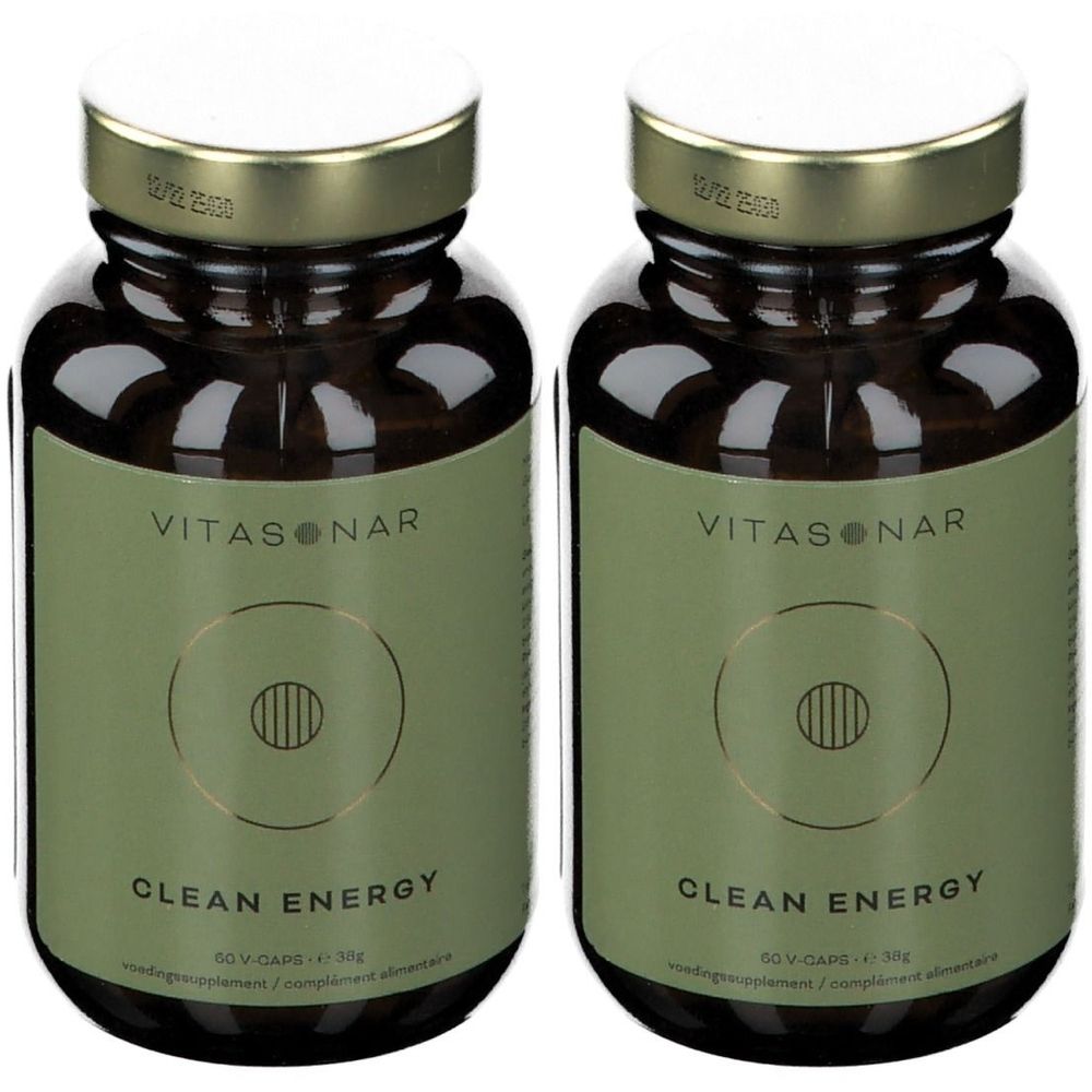Zwei Flaschen mit goldfarbenen Deckeln und grünen Etiketten. Aufschrift: Vitasanar, Clean Energy. 60 V-Caps.