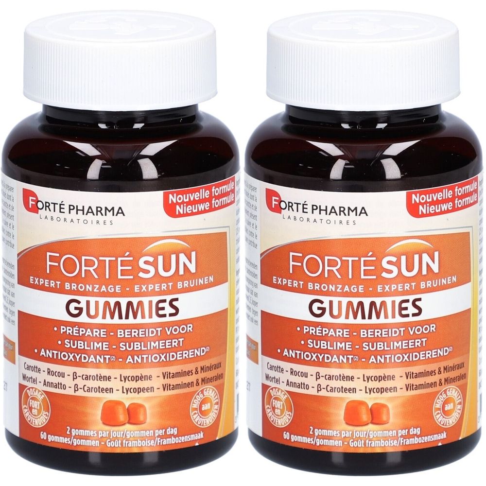Deux flacons de Forté Sun Gummies. Flacons en verre brun avec bouchon blanc et étiquette. Nom du produit, ingrédients et dosage visibles.
