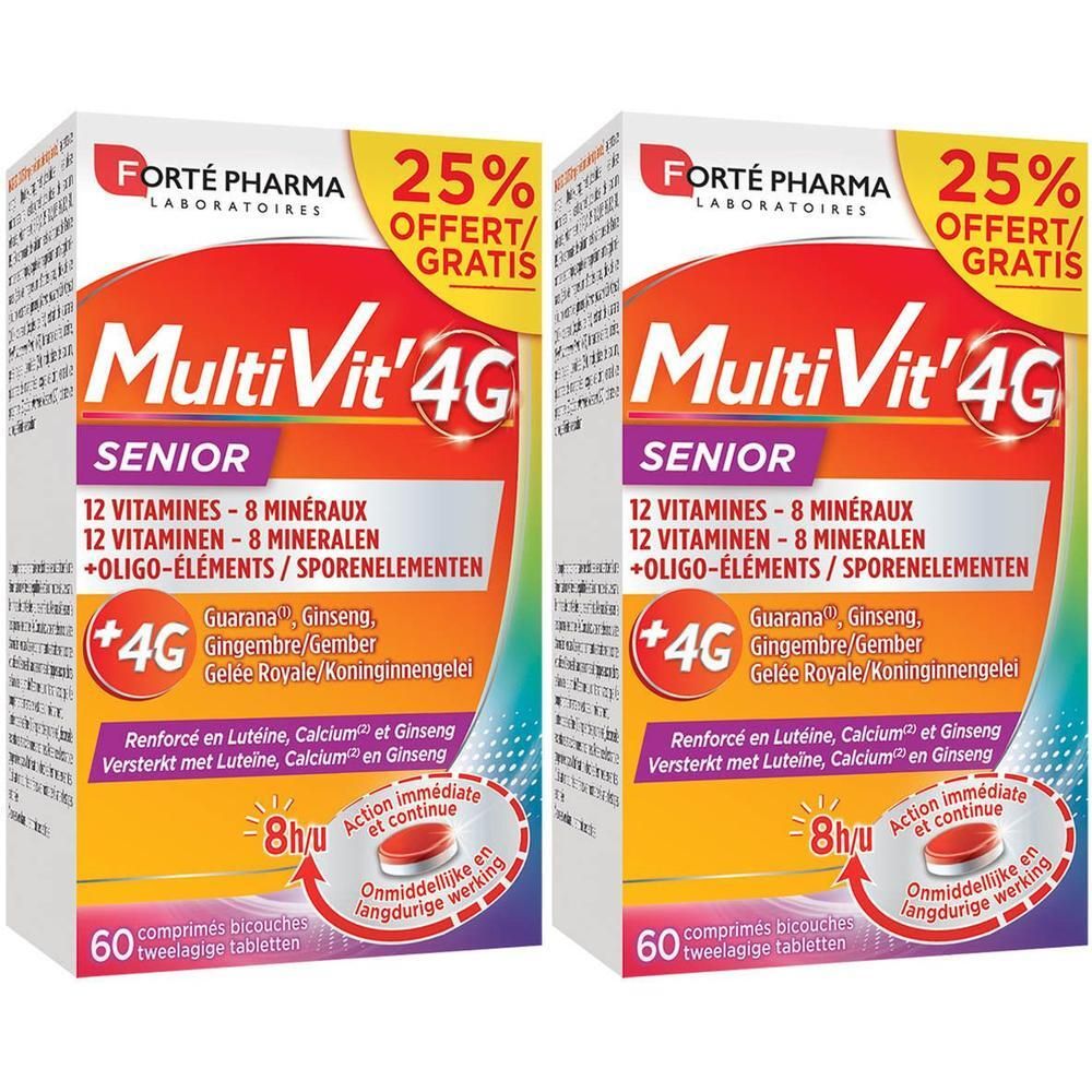Zwei Packungen Multivit'4G Senior. Aufschrift: 12 Vitamine, 8 Mineralien, +Oligo-Elemente. 25% gratis. 60 Tabletten.