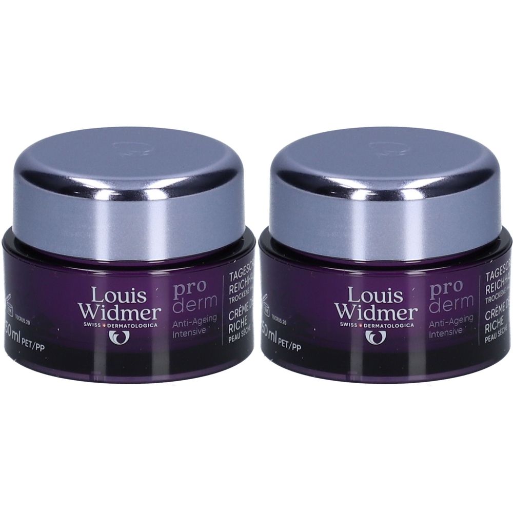 Zwei Tiegel Louis Widmer Proderm Creme, violett mit silbernem Deckel. Beschriftung: Proderm Anti-Ageing Intensive.