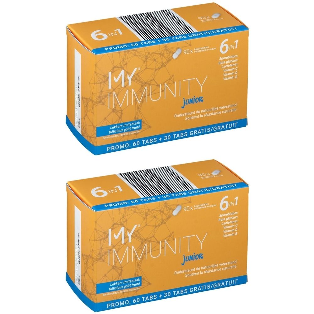 Zwei Kartons MY IMMUNITY Junior. Orangefarbene Verpackung mit blauer Schrift. Enthält 60 + 30 Tabletten. 6 in 1.