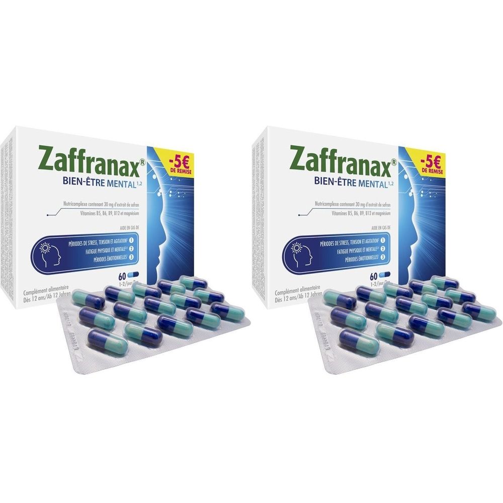 Deux boîtes de Zaffranax. Inscription : Bien-être mental. Autocollant de réduction -5 €. Blister de gélules.