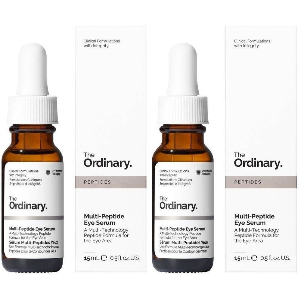 Trois flacons avec pipette et emballage. Inscription : The Ordinary, Multi-Peptide Eye Serum. 15ml.