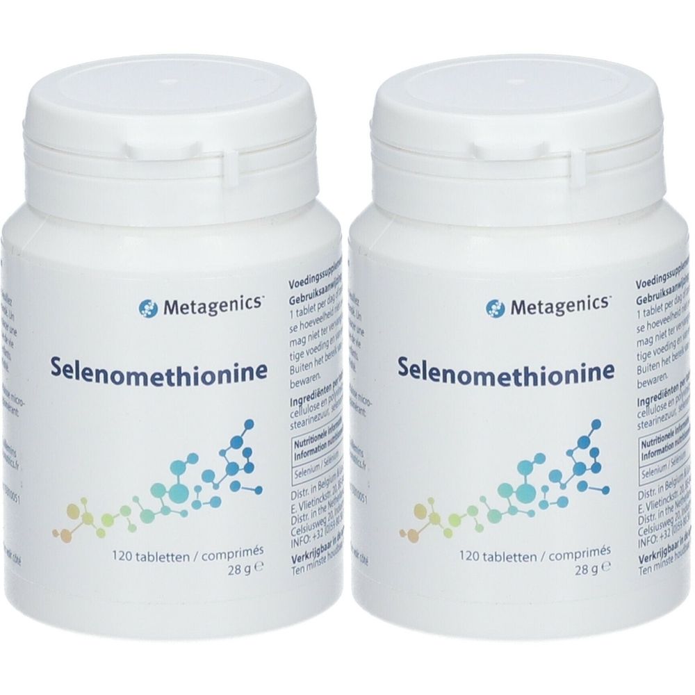 Deux flacons blancs avec étiquettes. Inscription: Sélénométhionine, 120 comprimés. Marque: Metagenics. Graphique bleu et vert.