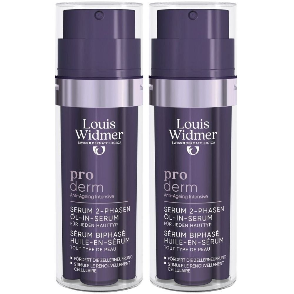 Deux flacons de sérum Louis Widmer Proderm. Flacons violets foncés avec pompe. Texte: Sérum 2-phases Huile-en-Sérum, anti-âge.