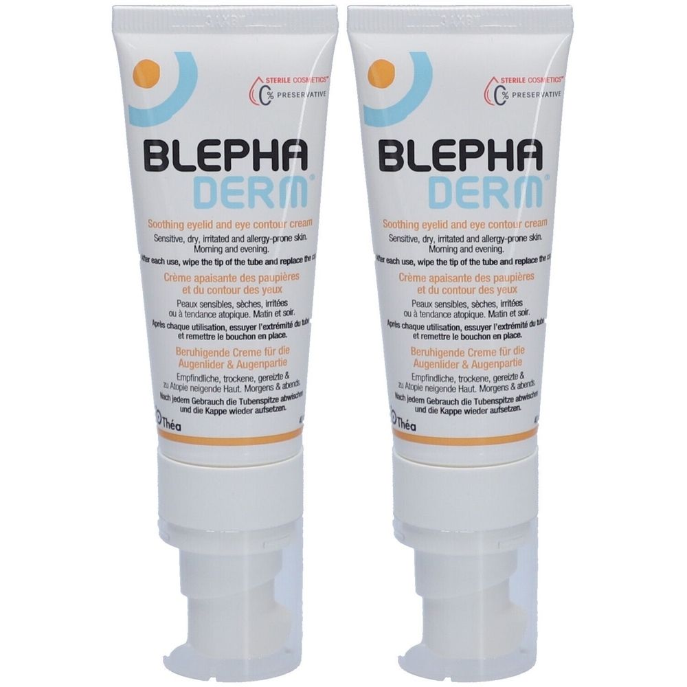 Zwei Tuben BLEPHADERM Augencreme. Weiße Tuben mit blauer und orangefarbener Beschriftung. Pumpverschluss.